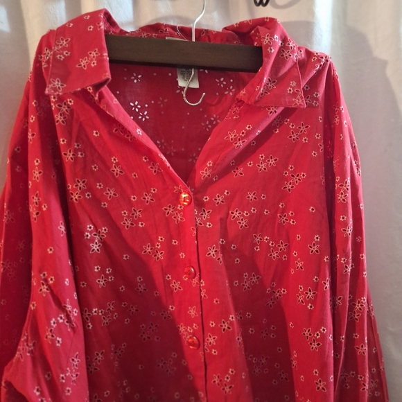 Women's Red Floral Button Down Shirt - Picture 2 of 7